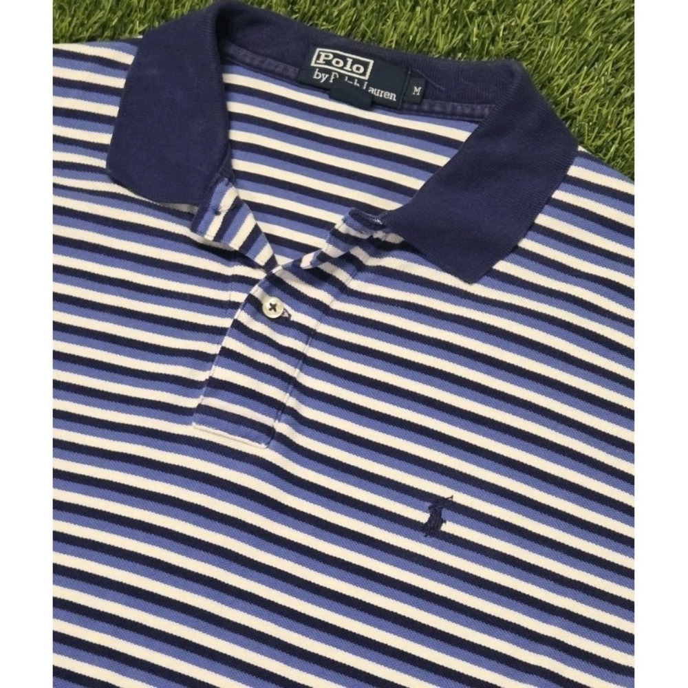 Vintage Polo Ralph Lauren Striped Polo Shirt Medium M Navy Blue Classic...